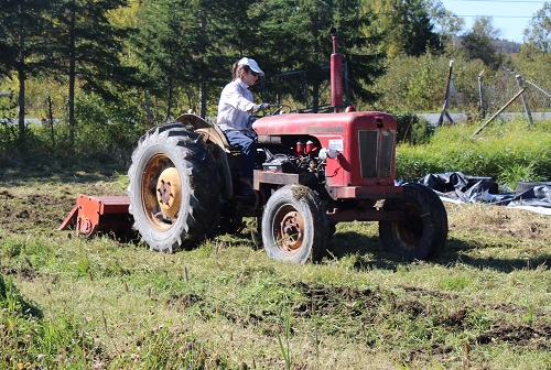 Gabrielle prépare la terre avec son tracteur.