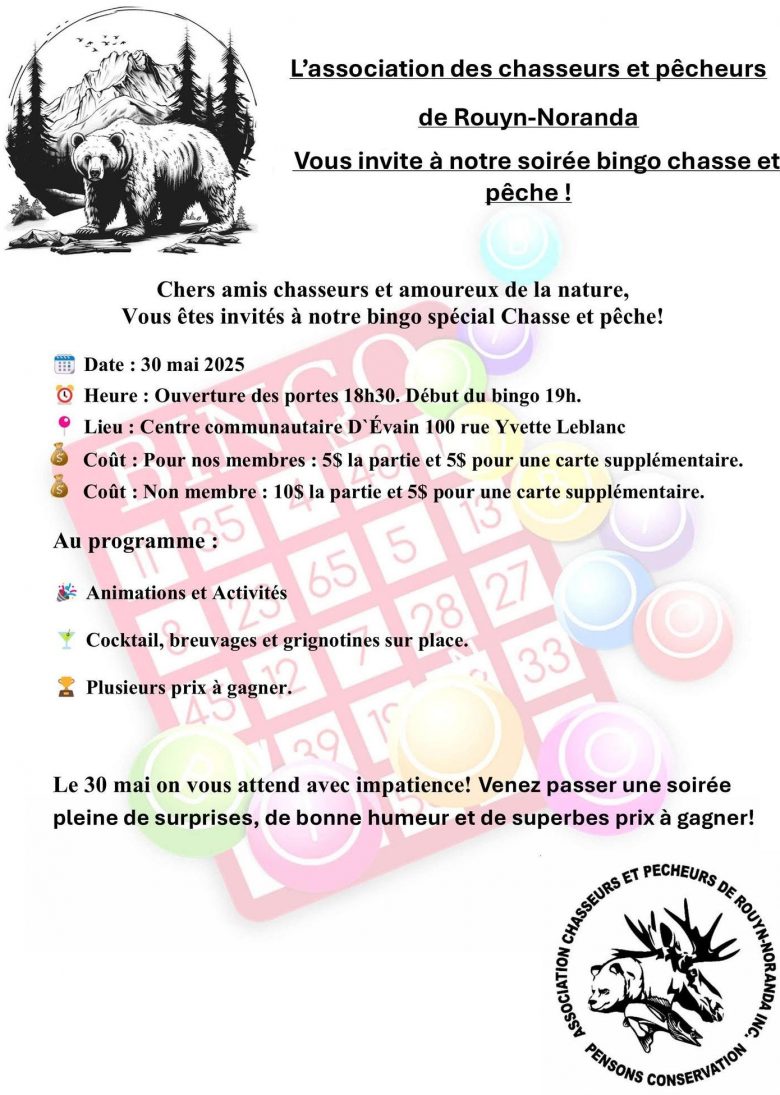 Vous êtes invités à notre bingo spécial Chasse et pêche, le 30 mai 2025, à Évain.
