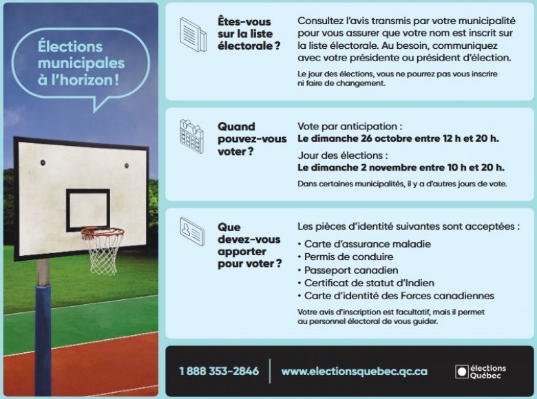 Pour vérifier votre inscription sur la liste électorale : 1-888-353-2846