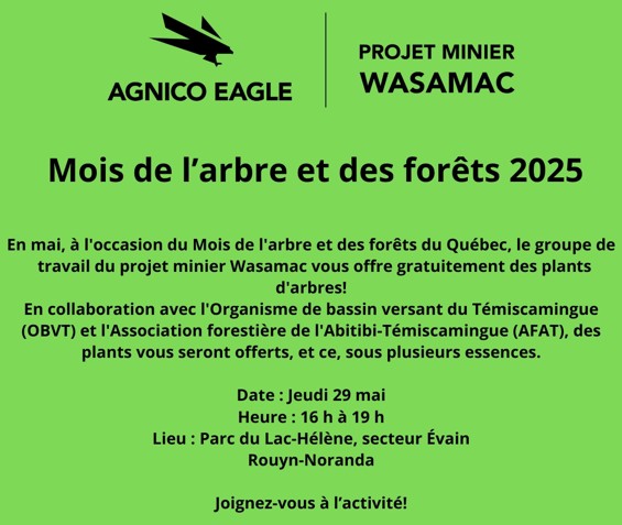 La distribution des plants aura lieu le jeudi 29 mai, de 16 h à 19 h, au parc du Lac-Hélène, secteur Évain à Rouyn-Noranda.