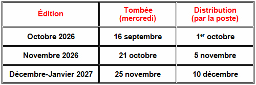 Dates de tombée et de distribution du journal Dates de tombée et de distribution du journal