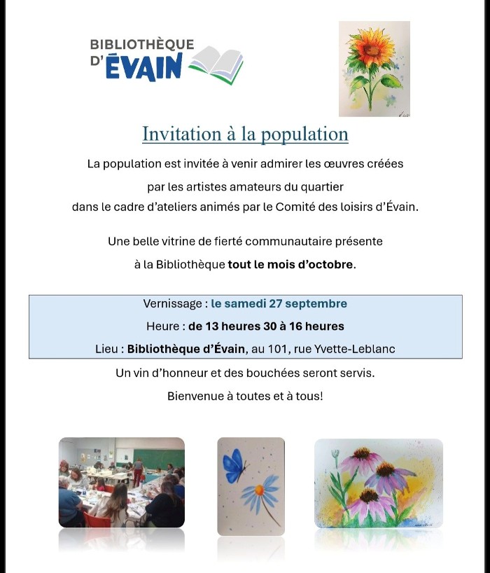 Invitation à un vernissage à la Bibliothèque d'Évain, le 27 septembre 2025, en après-midi...