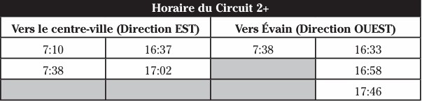 Horaire du Circuit 2+, vers le centre-ville, puis vers Évain