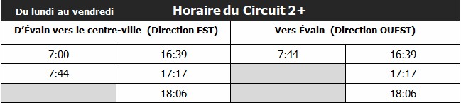 Horaire du Circuit 2+, vers le centre-ville, puis vers Évain