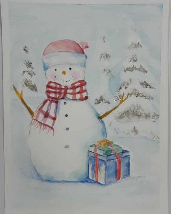 Aquarelle d'un bonhomme de neige avec des cadeaux