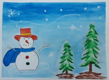 Aquarelle d'un bonhomme de neige avec deux sapins