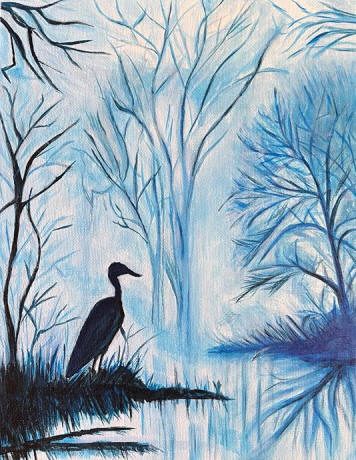 Un héron et des arbres dessinés avec des nuances de bleu
